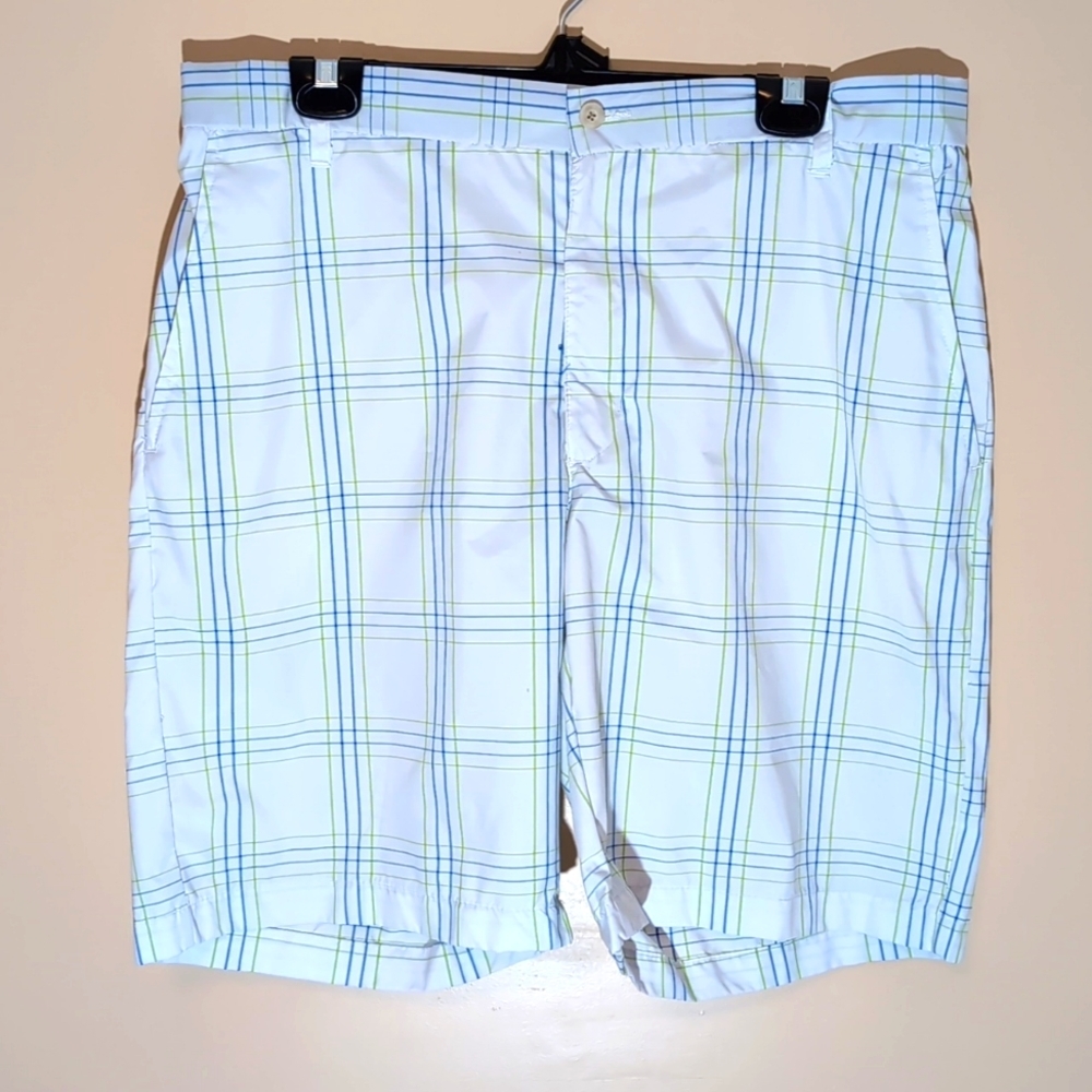 Ben Hogan| White Performance Shorts With Blue and Green Stripes and Side Pockets